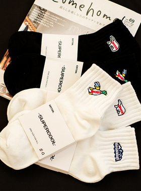 4双袜子男潮街头美式纯棉男士短筒袜刺绣长袜潮ins女袜男生运动袜