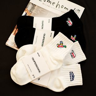 4双袜子男潮街头美式 短筒袜刺绣长袜潮ins女袜男生运动袜 纯棉男士