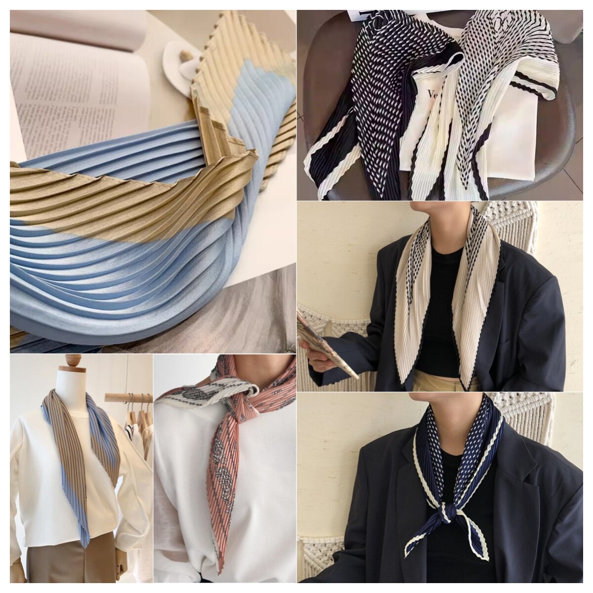 压皱丝巾女春夏季气质条纹菱形围巾韩版职业70小领巾百搭装饰发巾