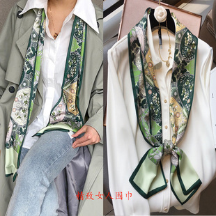 爆款春款绿色丛林仿真丝丝巾长条领巾绑包包飘带细窄宽版围巾腰带