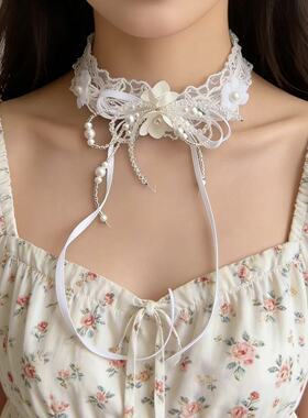 甜美气质蕾丝花朵珍珠蝴蝶结项链耳环优雅温柔淑女时尚ins风饰品