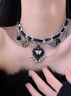 暗黑朋克风蝴蝶爱心流苏皮革项链复古甜酷辣妹欧美风小众锁骨链女