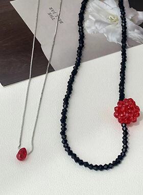 清新精致水晶花朵黑色串珠水滴项链时尚简约百搭轻奢潮流锁骨链潮