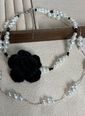 甜美淑女黑色花朵花朵多层项链文艺复古田园风ins风锁骨链新款