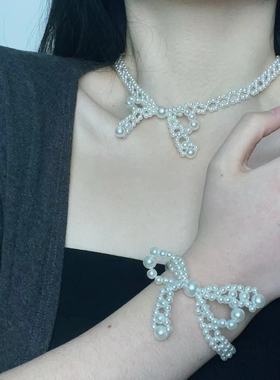 甜美小清新白色珍珠蝴蝶结项链手链温柔淑女优雅气质时尚潮流饰品