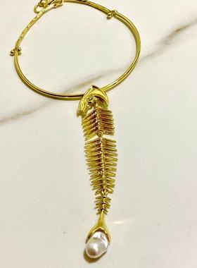 甜酷朋克鱼骨珍珠吊坠项圈个性别致欧美高级ins冷淡风锁骨链新款