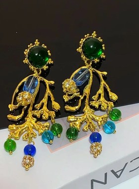 法式中古风闪钻树枝水晶花朵耳环欧美大气高级感潮流流苏耳饰新款