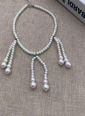 法式复古白色珍珠流苏锁骨链时尚轻奢高级感优雅淑女百搭项链新款