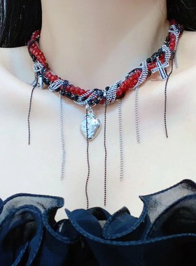 辣妹多层水晶缠绕流苏镶钻十字架项链女choker高级草莓爱心锁骨链