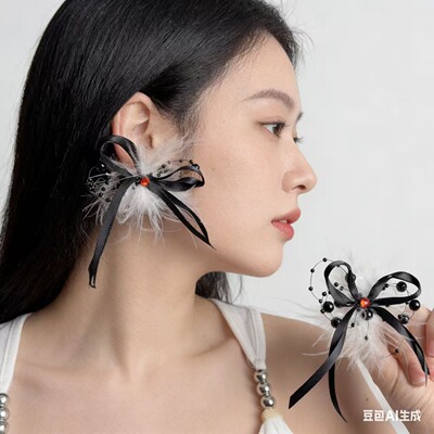 甜美淑女气质圆珠蝴蝶结羽毛耳环小清新少女感时尚优雅潮流耳饰女