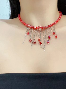 红色水晶流苏锁骨项链女拼接设计钛钢银色链条个性气质百搭锁骨链