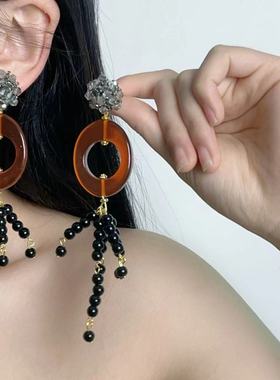 法式复古树脂椭圆黑色多层串珠项链耳环甜酷辣妹欧美小众饰品新款