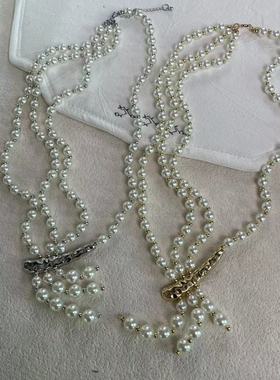 法式复古多层不对称珍珠流苏项链时髦洋气欧美高级感锁骨链新款潮