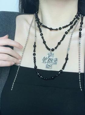 欧美轻奢十字架吊坠多层串珠流苏项链甜酷朋克风高级小众锁骨链女