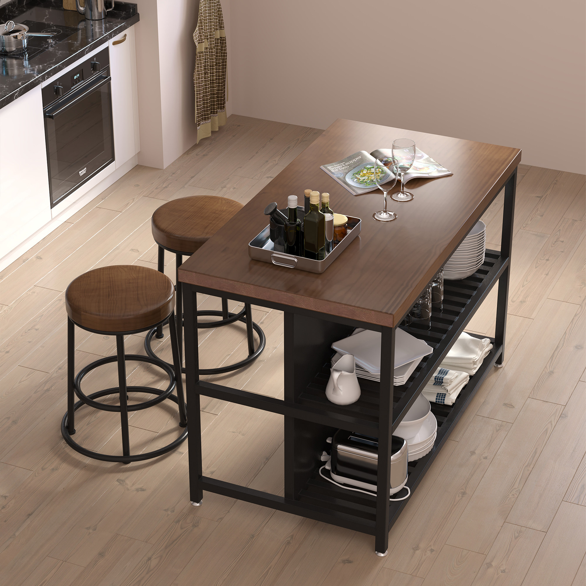 开放式厨房中岛台可移动料理台餐边柜吧台一体桌铁艺实木置物柜