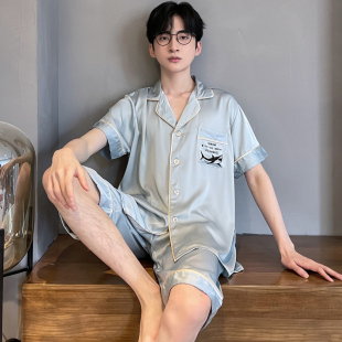 短裤 青少年薄款 夏天丝绸男款 男士 家居服套装 冰丝短袖 男式 睡衣夏季
