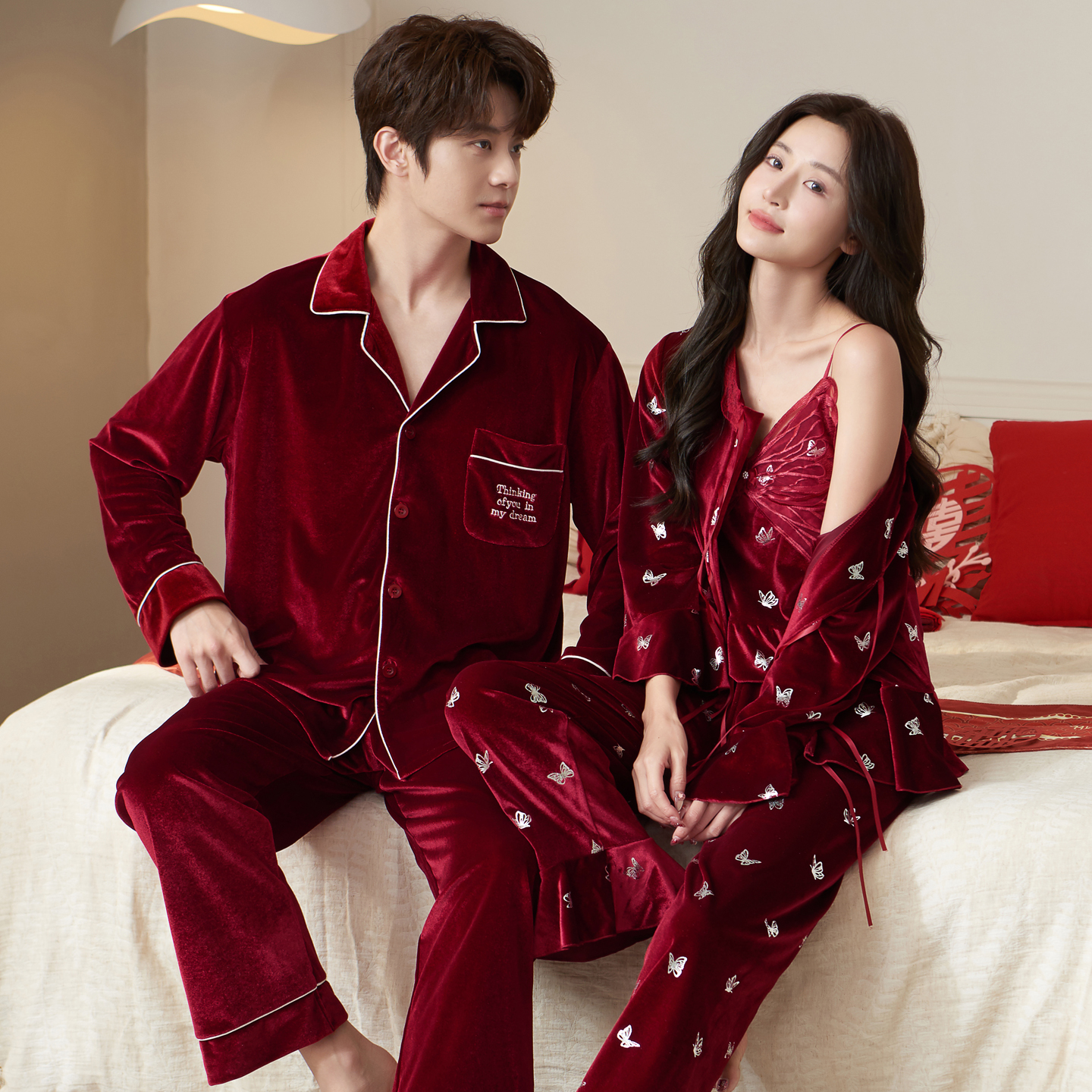 乐姿梦烫蝴蝶结婚睡衣新婚情侣红色金丝绒吊带三件套装带胸垫新娘