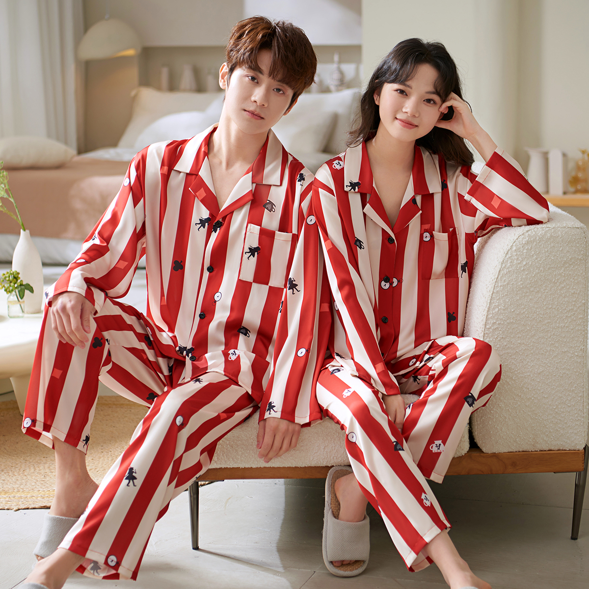 情侣冰丝春季家居服男女睡衣套装