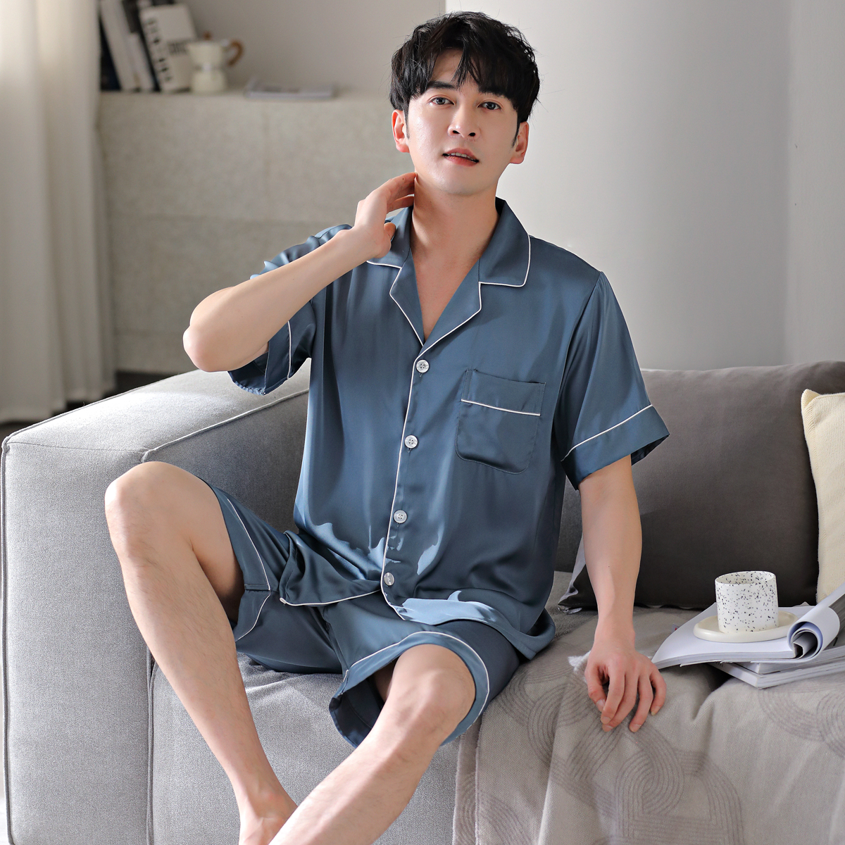 男士冰丝绸夏季睡衣家居服套装
