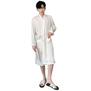 睡袍男士春秋款薄款冰丝长袖睡衣夏季凉感仿真丝家居服男大码浴袍