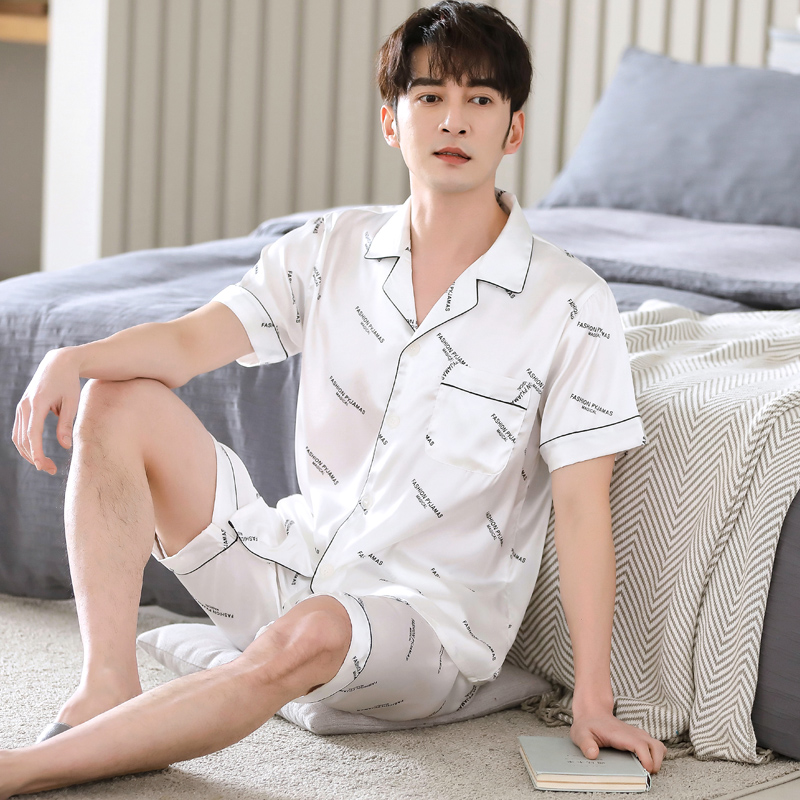 夏季新款男士冰丝绸睡衣套装