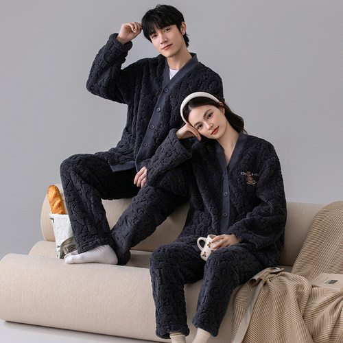 情侣法兰绒冬季保暖睡衣家居服