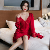本命年睡衣女性感春秋夏季 冰丝吊带睡裙两件套红色新娘睡袍 薄款