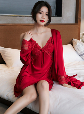 本命年睡衣女性感春秋夏季薄款冰丝吊带睡裙两件套红色新娘睡袍