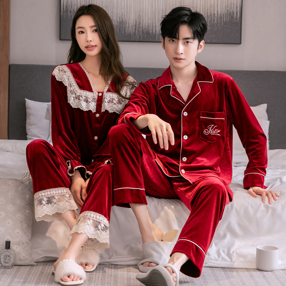 情侣睡衣女金丝绒性感吊带睡袍2025年新款男士保暖喜庆结婚两件套