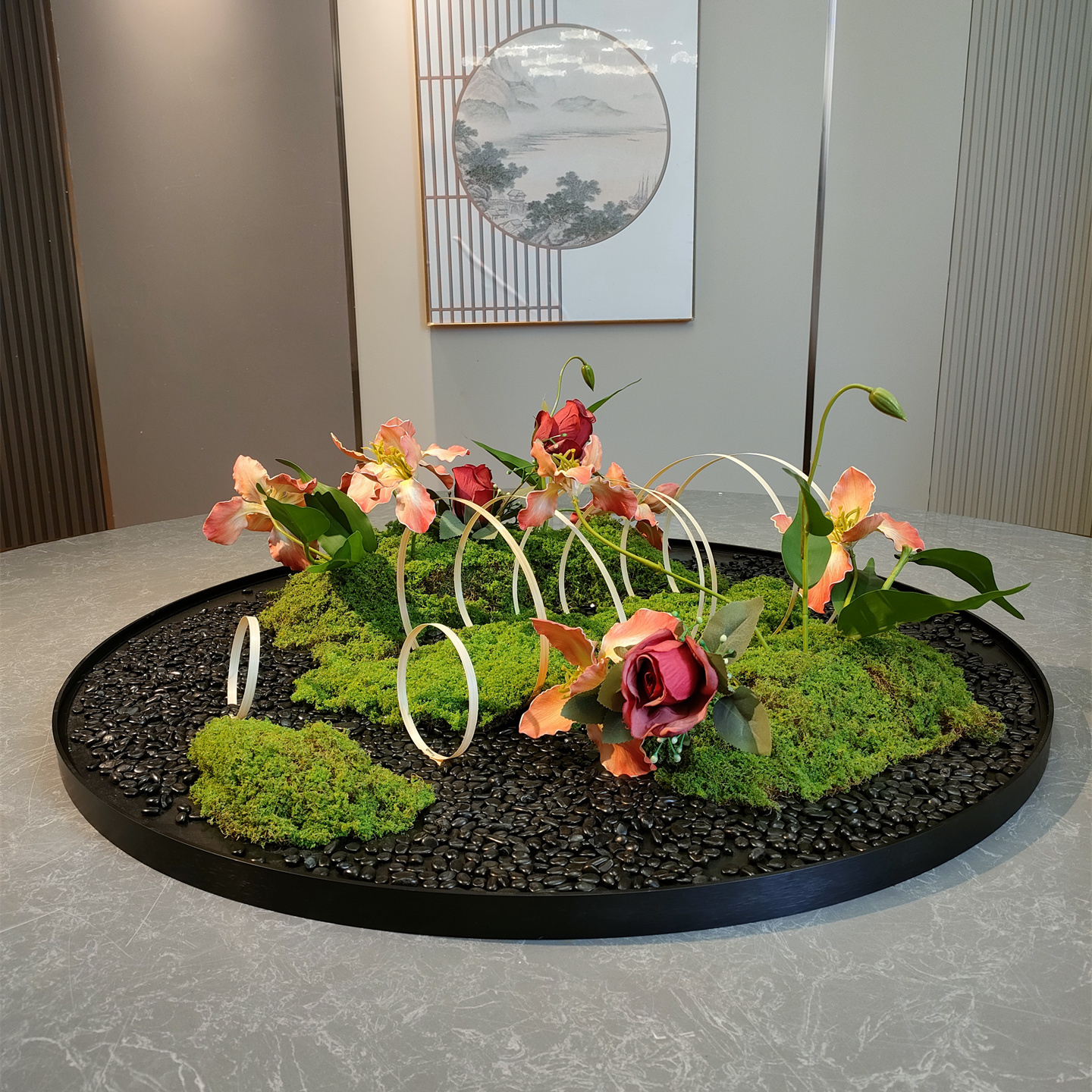 餐桌中间摆花大圆桌转盘花摆花装饰品高端饭店餐厅微缩景观摆台