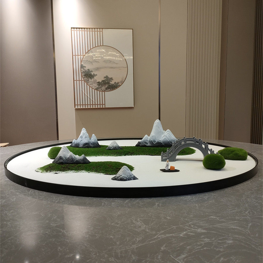 餐桌中间摆花圆桌摆电动转盘盆景高端中式饭店餐厅白沙款仿真花摆