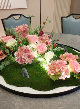 酒店餐桌摆件圆桌中间转盘摆花桌花新中式创意桌芯装饰品包间摆设