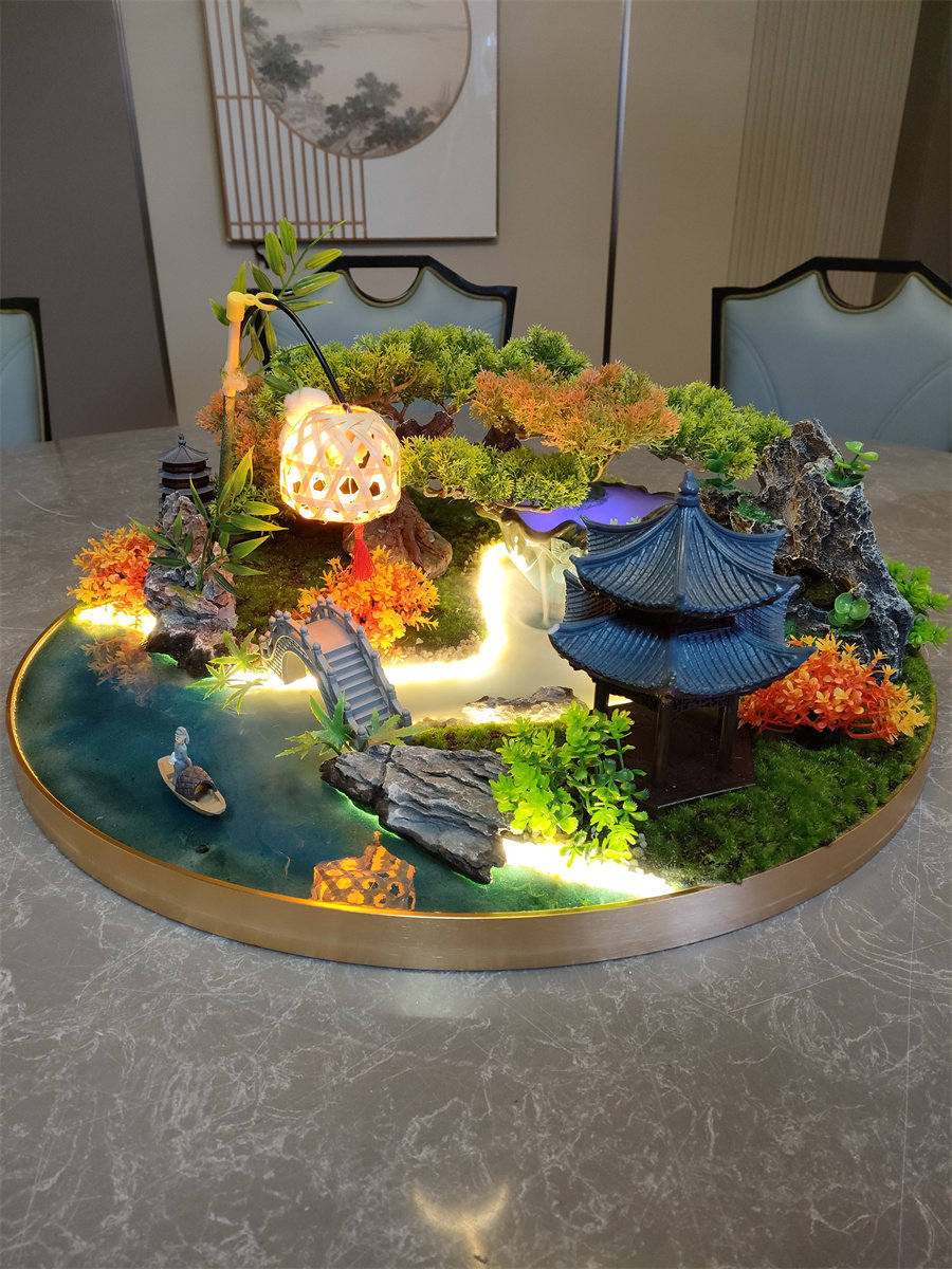 餐桌中间摆花喷雾化流水灯光遥控桌摆转盘花摆圆桌芯装饰盆景花瓶