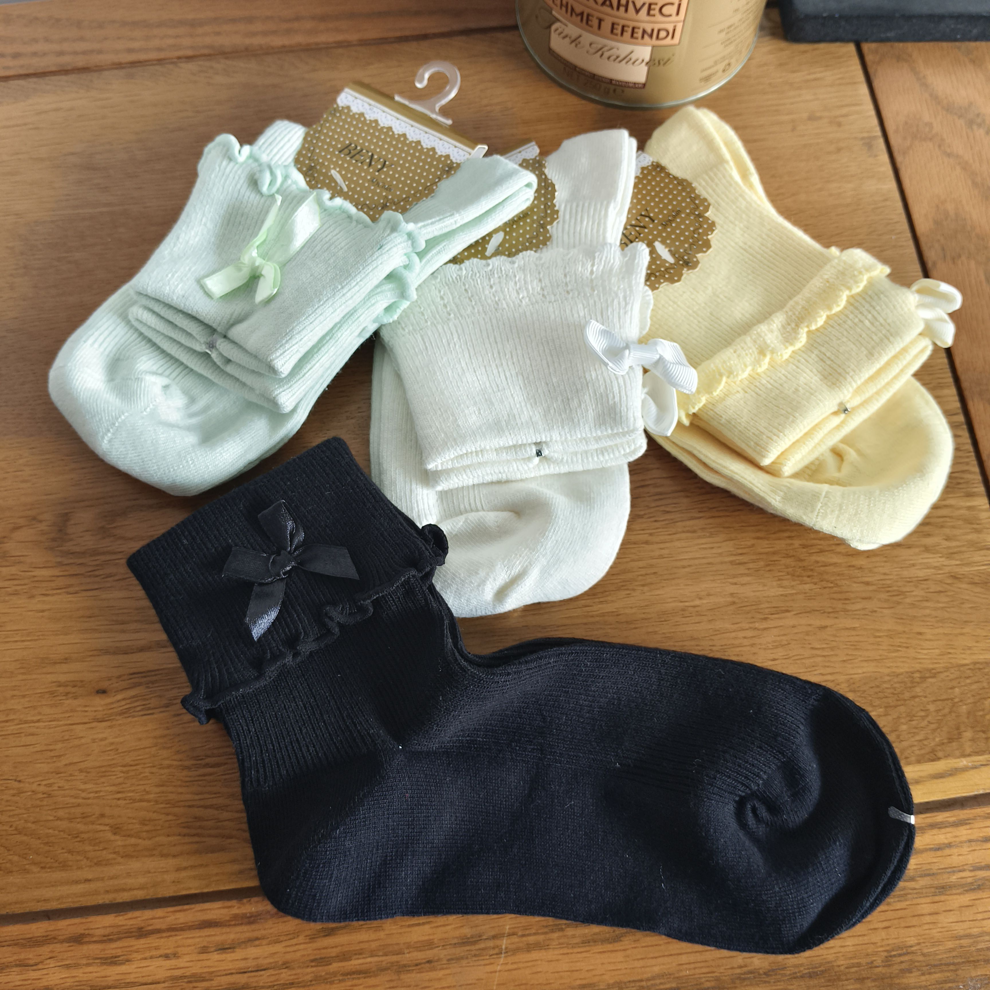 双针花边松口袜黄色浅绿色黑色无骨缝头翻边蝴蝶结针织女袜