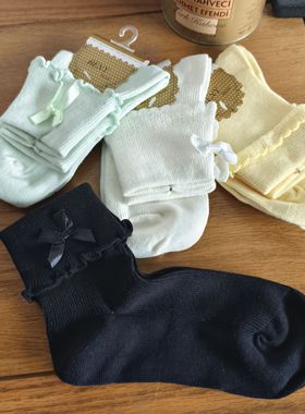 双针花边松口袜黄色浅绿色黑色无骨缝头翻边蝴蝶结针织女袜