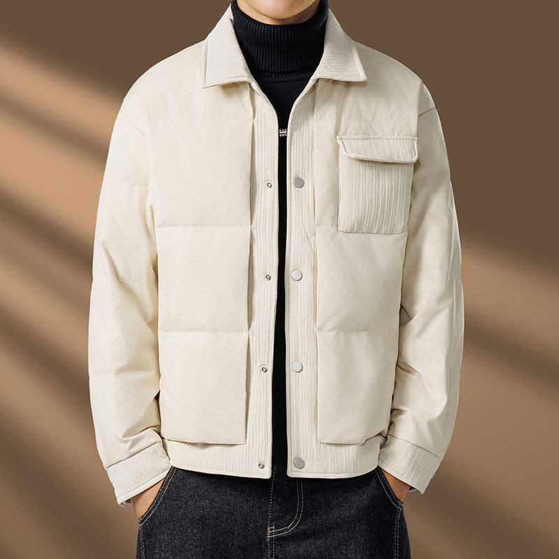 男士冬季休闲保暖国标鸭绒翻领羽绒服高级感百搭潮牌防寒复古外套