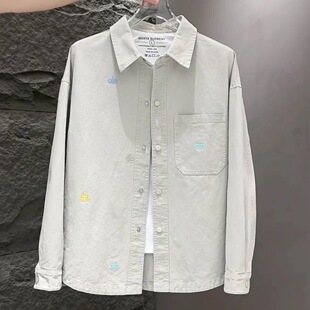直播2025秋季新款男士牛仔衬衣夹克时尚百搭休闲男装衬衫字母刺绣