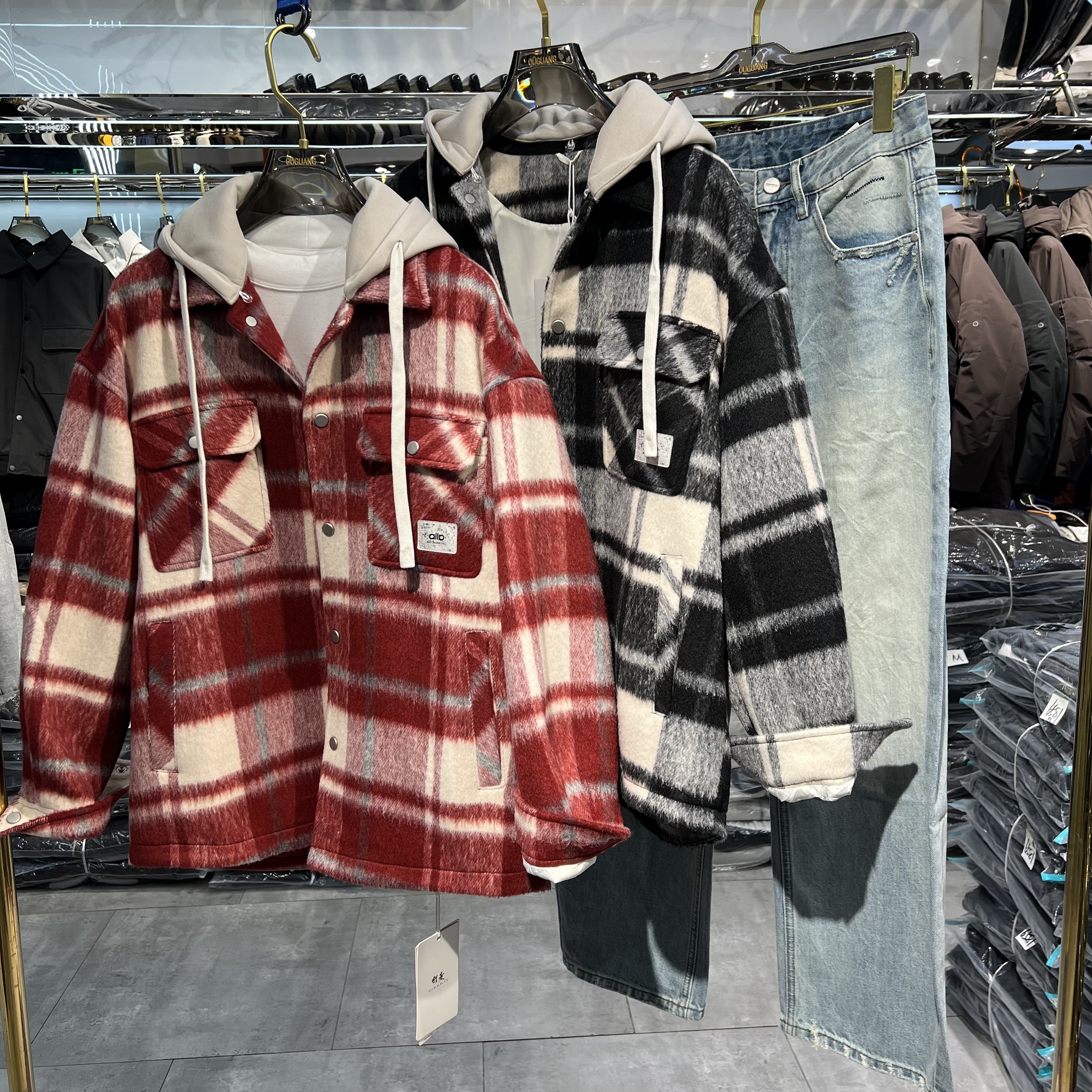 实体商场秋冬新款毛呢格子外套男装潮流男女酷帅穿搭衬衫上衣夹克