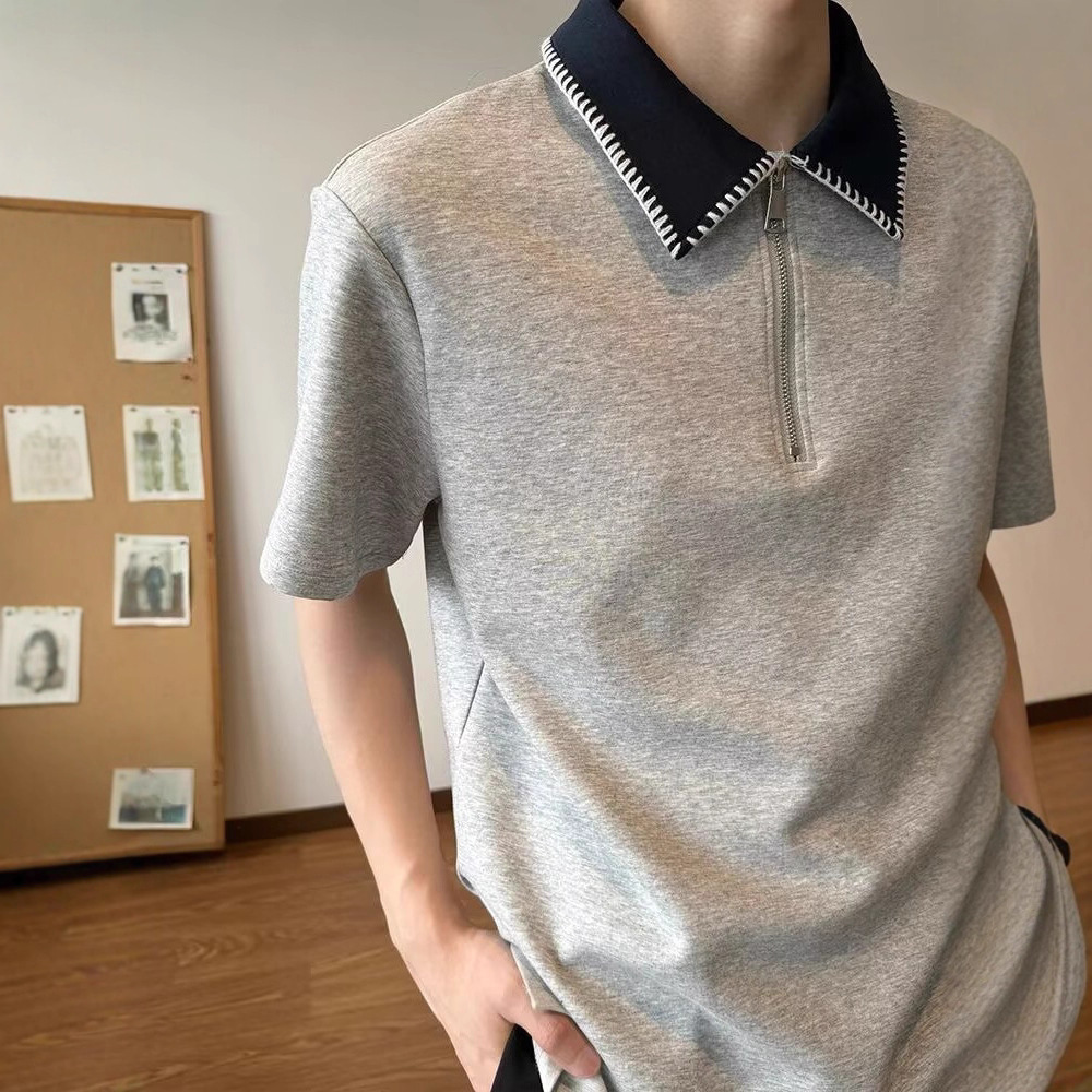 设计感半拉链polo衫短袖男款夏季美式复古半袖高级感撞色翻领t恤