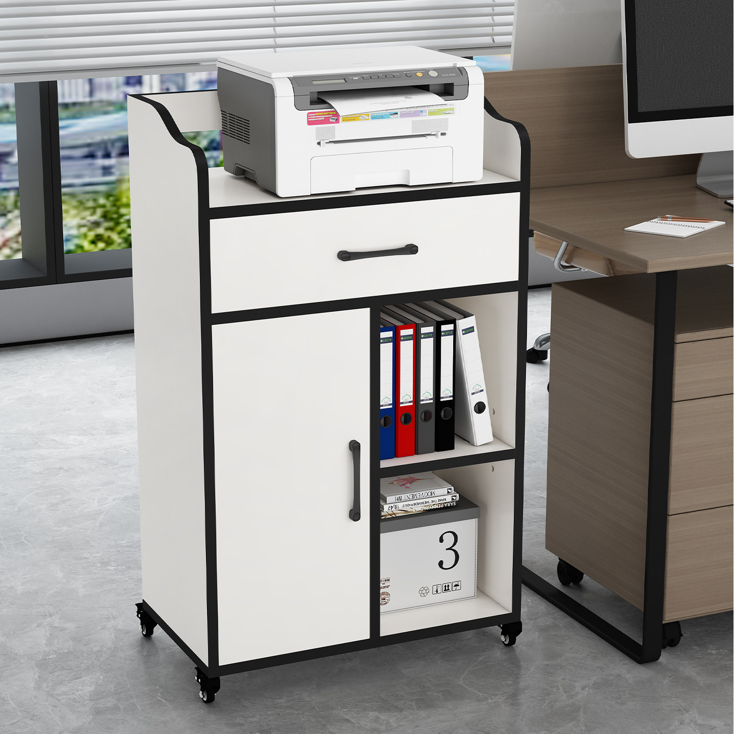 办公打印机柜可定制移动带门抽屉落地文件收纳矮柜家用多层置物架