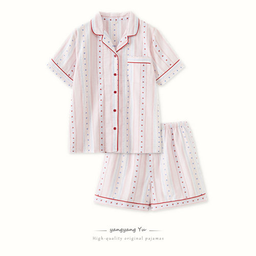 日系新款大码翻领短袖短裤春夏季女士纯棉睡衣套装全棉家居服宽松