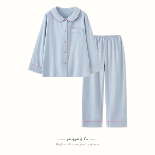 日系新款纯棉睡衣女娃娃领甜美全棉绒布宽松家居服两件套装INS