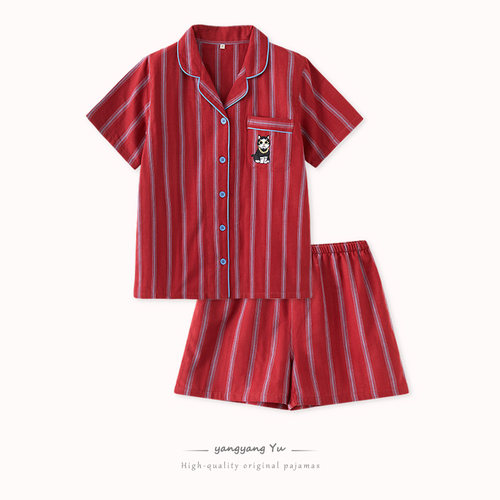 日系新款野兽睡衣女士夏季纯棉纱布短袖短裤套装全棉情侣家居服男