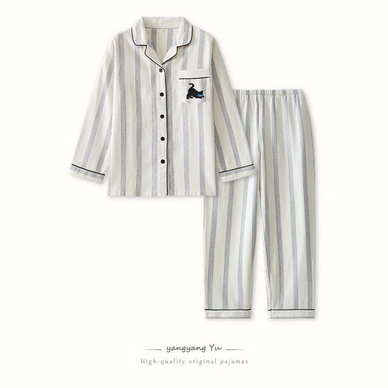 情侣睡衣女春秋季刺绣全棉磨毛家居服纯棉绒布套装冬新款日系长袖