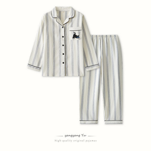 情侣睡衣女春秋季刺绣全棉磨毛家居服纯棉绒布套装冬新款日系长袖