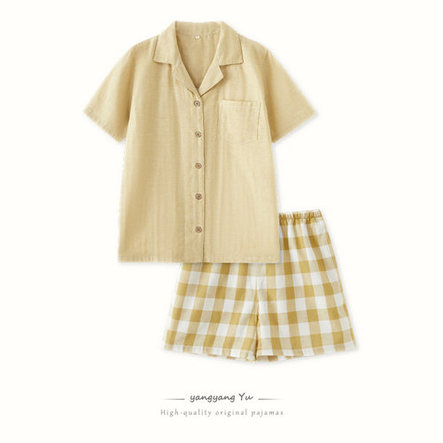 日系新款2026睡衣女夏季薄款纯棉纱布短袖短裤套装全棉家居服男款