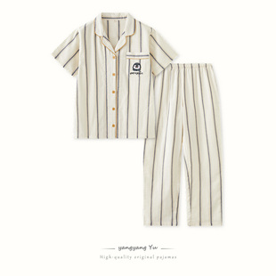 2026日系短袖长裤睡衣女式纯绵纱布条纹情侣家居服男款春夏季大码