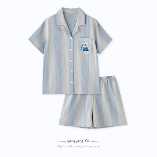 日系纯棉纱布睡衣女夏短袖短裤情侣套装薄款家居服男士全棉大码