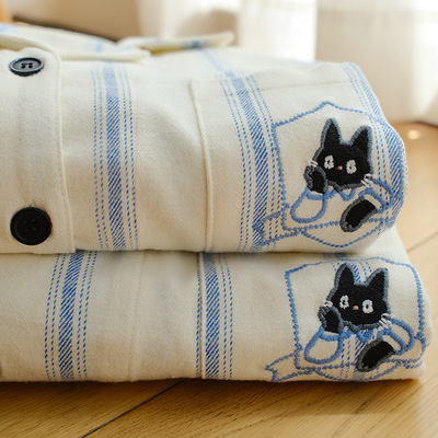 日系新款野兽情侣睡衣男女款春秋冬季纯棉磨毛绒布条纹刺绣家居服