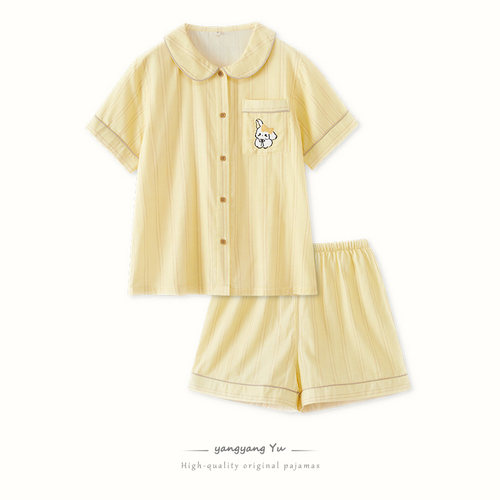 春夏季女士纯棉娃娃领短袖短裤纯棉纱布睡衣套装全棉家居服大码